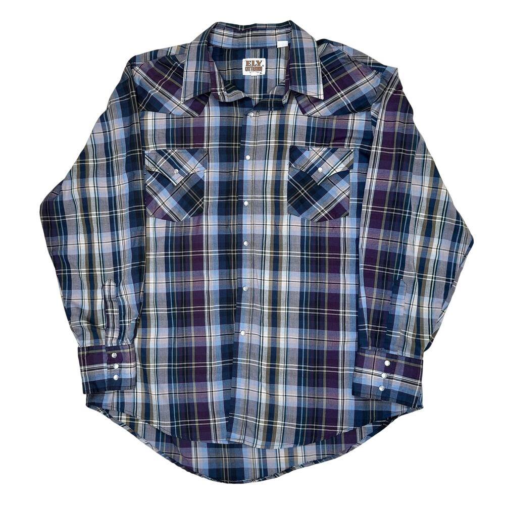Vtg Ely Cattleman Western Shirt Pearl Snap Mens XL Plaid Button Down